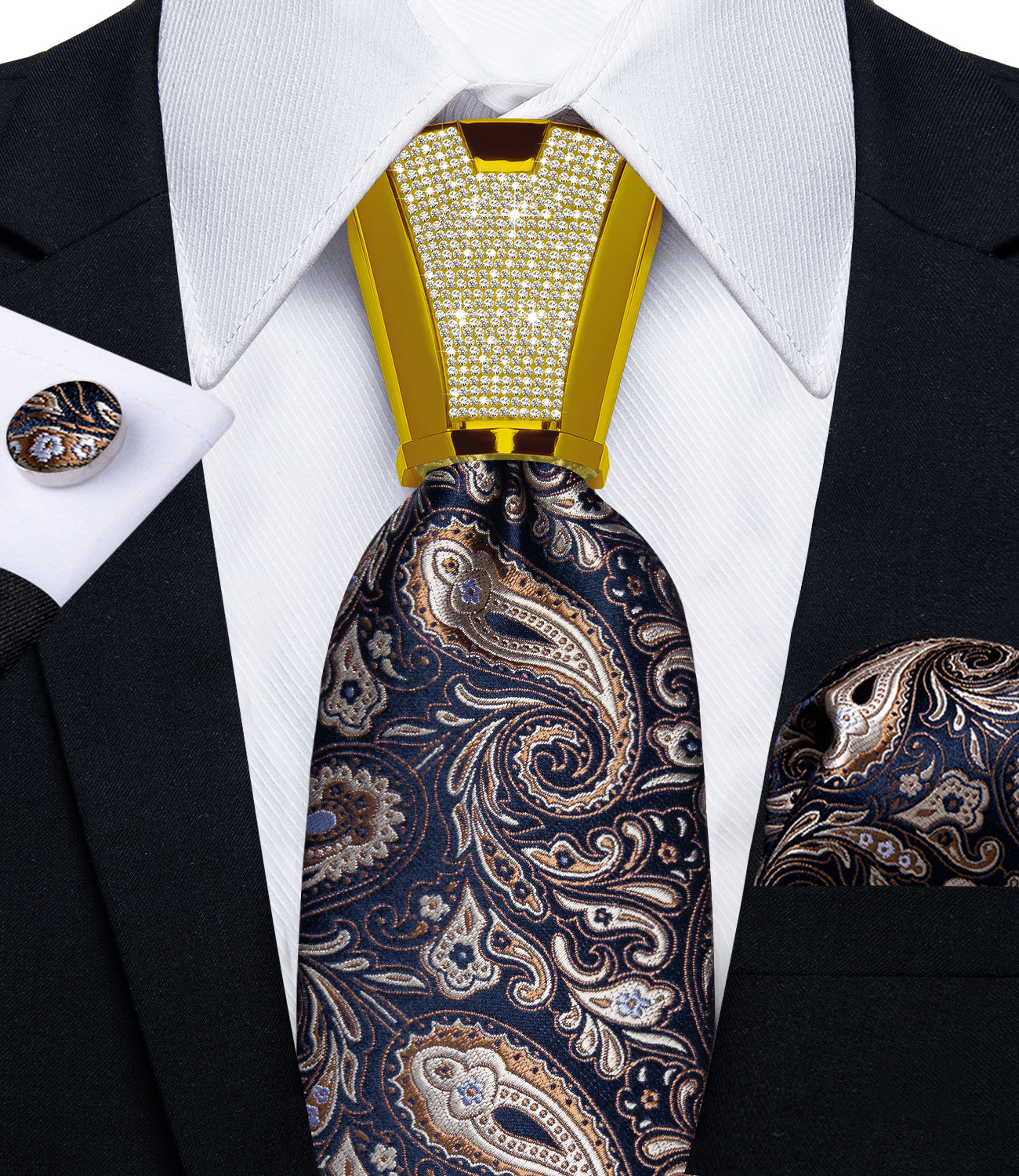 classic paisley brown navy suit tie color with mens tie accessory ring set