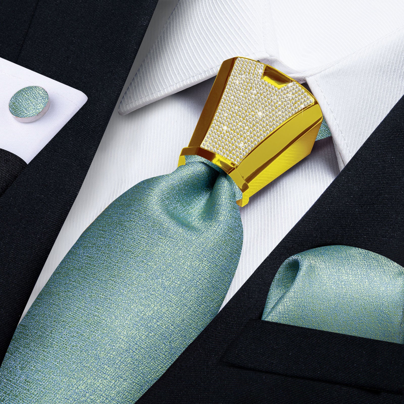 Maximum Blue Green solid silk mens tie pocket square cufflinks set with necktie accesories ring set