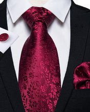 Beautiful Red Floral Silk Tie Pocket Square Cufflinks Set