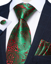 Green Red Floral Men's Silk Tie Handkerchief Cufflinks Set