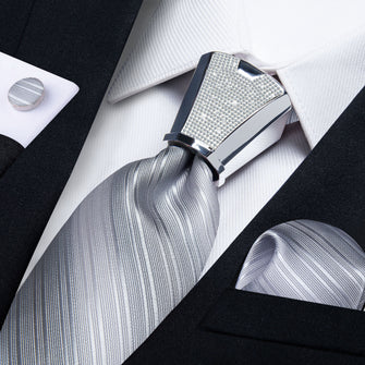 4PC Silver Grey Stripe Men's Tie Handkerchief Cufflinks Accessory Set
