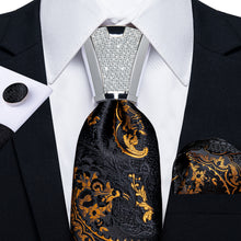 4PCS Black Gold Floral Silk Men's Tie Handkerchief Cufflinks Accessory Set