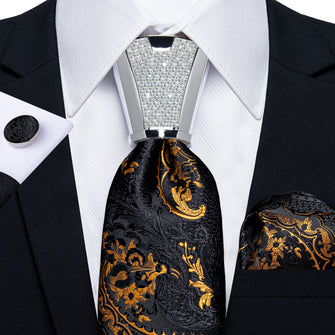 fashion silk mens floral gold black suit tie pocket square cufflinks set for wedding business