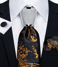 fashion silk mens floral gold black suit tie pocket square cufflinks set for wedding business