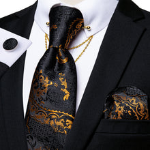 Black Yellow Floral Silk Men's Tie Pocket Square Cufflinks with Collar Pin