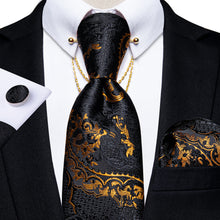 Black Yellow Floral Silk Men's Tie Pocket Square Cufflinks with Collar Pin