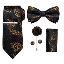 Black Golden Floral Bowtie Necktie  Hanky Cufflinks Brooch Clip Set