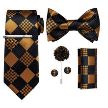Black Brown lattice Bowtie Necktie  Hanky Cufflinks Brooch Clip Set