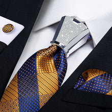 4PCS Blue Yellow Stripe Silk Men's Tie Handkerchief Cufflinks Accessory Set