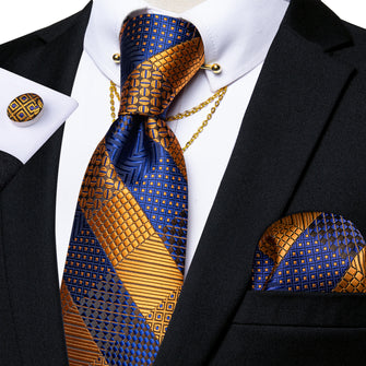 Brown Blue Striped Men's Silk Tie Pocket Square Cufflinks with Collar Pin