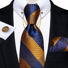 Brown Blue Striped Men's Silk Tie Pocket Square Cufflinks with Collar Pin