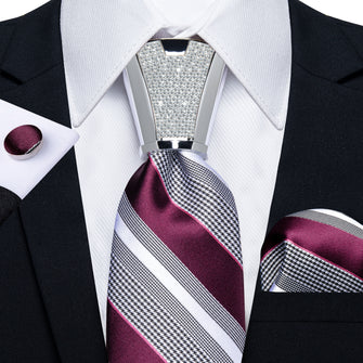 fashion wedding design striped white black burgundy tie pocket square cufflinks set with mens tie assessory 4PC set