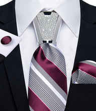 4PCS Grey Red Stripe Silk Men's Tie Handkerchief Cufflinks Accessory Set