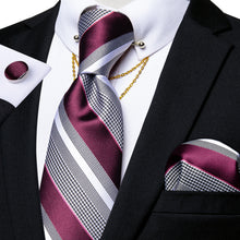 Red Grey Striped Men's Tie Handkerchief Cufflinks Set with Collar Pin
