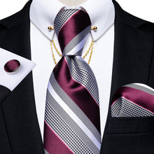 Red Grey Striped Men's Tie Handkerchief Cufflinks Set with Collar Pin