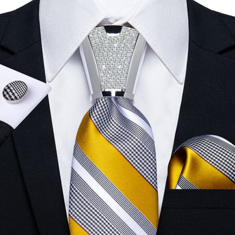 4PCS Grey Yellow Stripe Silk Men's Tie Handkerchief Cufflinks Accessory Set