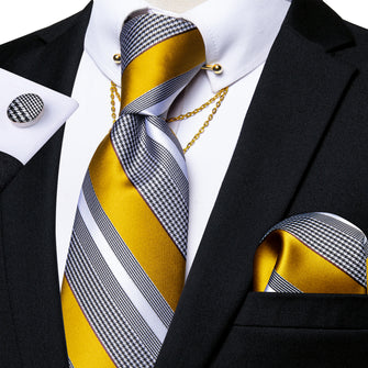 Yellow Grey Striped Tie Pocket Square Cufflinks with Collar Pin