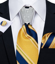 silk striped navy blue gold ties for men with mens tie accessory ring set for business office