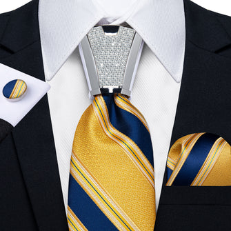 4PC Yellow Blue Stripe Men's Tie Handkerchief Cufflinks Accessory Set
