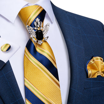 Yellow Blue Striped Tie Pocket Square Cufflinks With Crystal Ring Set