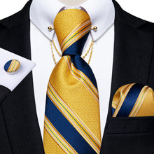 Yellow Blue Striped Men's Tie Handkerchief Cufflinks Set with Collar Pin