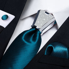 fashion deep teal striped mens silk neck tie pocket square cufflinks set with mens tie accessory ring set