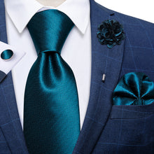 Teal Blue Tie Men's Silk Necktie Handkerchief Cufflinks Set With Lapel Pin Brooch Set