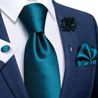 Teal Blue Tie Men's Silk Necktie Handkerchief Cufflinks Set With Lapel Pin Brooch Set