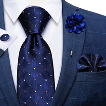Blue White Plaid Men's Tie Handkerchief Cufflinks with Lapel Pin Brooch Set