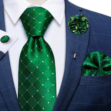 silk plaid emerald green mens tie pocket square cufflinks set with flower Brooch 