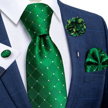 silk plaid emerald green mens tie pocket square cufflinks set with flower Brooch