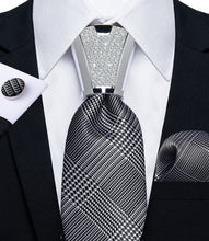 4PCS Grey White Plaid Silk Men's Tie Handkerchief Cufflinks Accessory Set