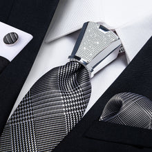 4PCS Grey White Plaid Silk Men's Tie Handkerchief Cufflinks Accessory Set