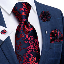 Blue Red Floral Silk Men's Necktie Handkerchief Cufflinks Set With Lapel Pin Brooch Set