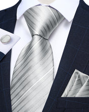 Attractive Silver Grey Stripes Novelty Silk Tie Hanky Cufflinks Set