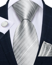 Attractive Silver Grey Stripes Novelty Silk Tie Hanky Cufflinks Set