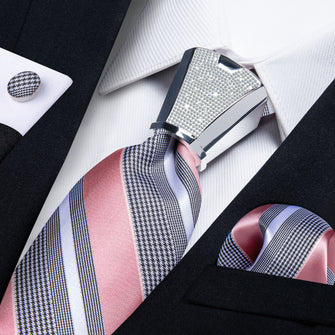 4PC Pink Black White Stripe Men's Tie Handkerchief Cufflinks Accessory Set