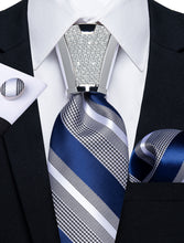 4PC Blue White Stripe Men's Tie Handkerchief Cufflinks Accessory Set
