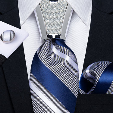 4PC Blue White Stripe Men's Tie Handkerchief Cufflinks Accessory Set