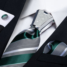 4PCS Green Black White Stripe Men's Tie Handkerchief Cufflinks Accessory Set