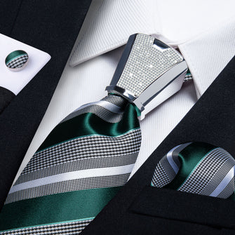 mens tie fashion silk striped white black hunter green tie pocket square cufflinks set with tie accessory ring gift set