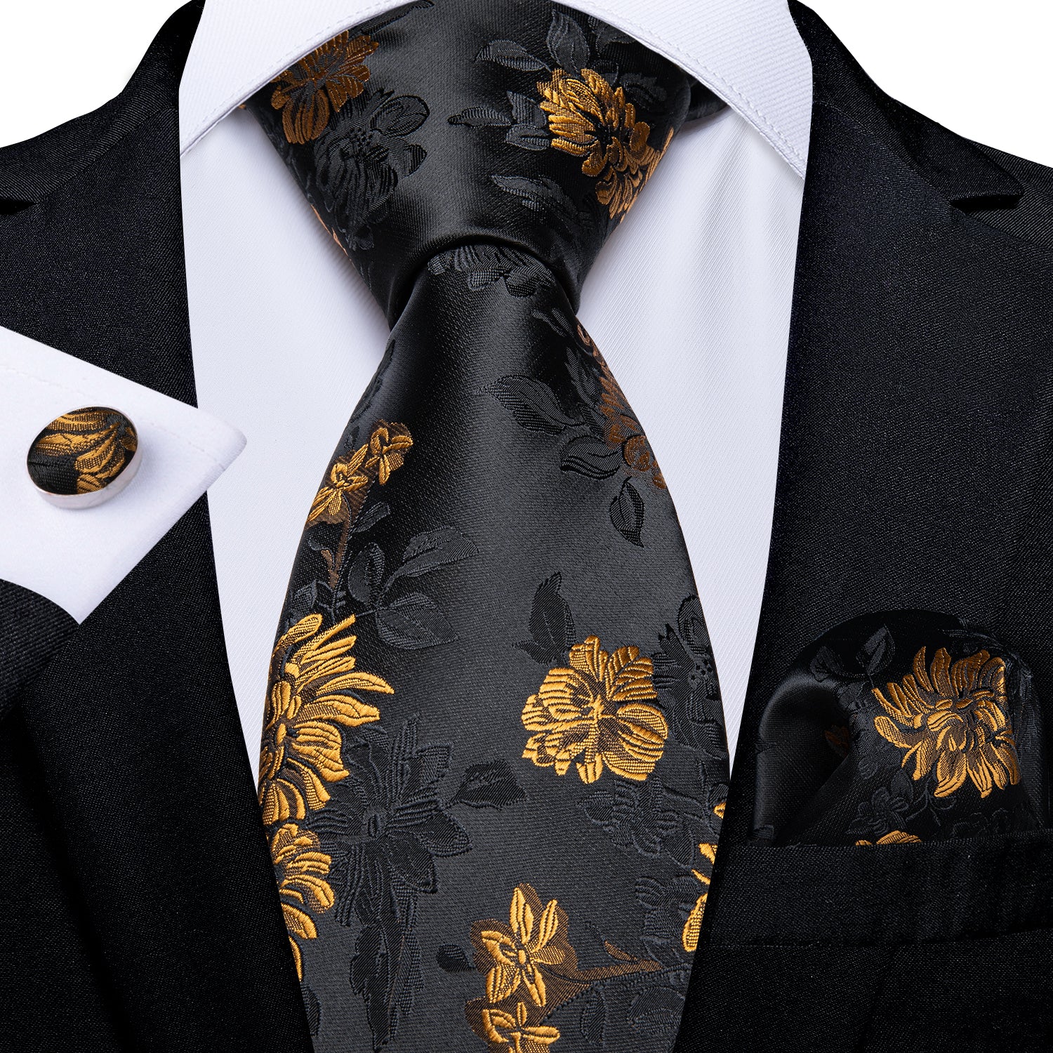 Black Golden Floral Silk Men's Tie Pocket Square Cufflinks Clip Set Black Golden Floral Silk Men's Tie Pocket Square Cufflinks Clip Set