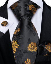 Black Golden Floral Silk Men's Tie Pocket Square Cufflinks Set