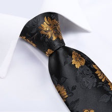 Black Golden Floral Silk Men's Tie Pocket Square Cufflinks Set