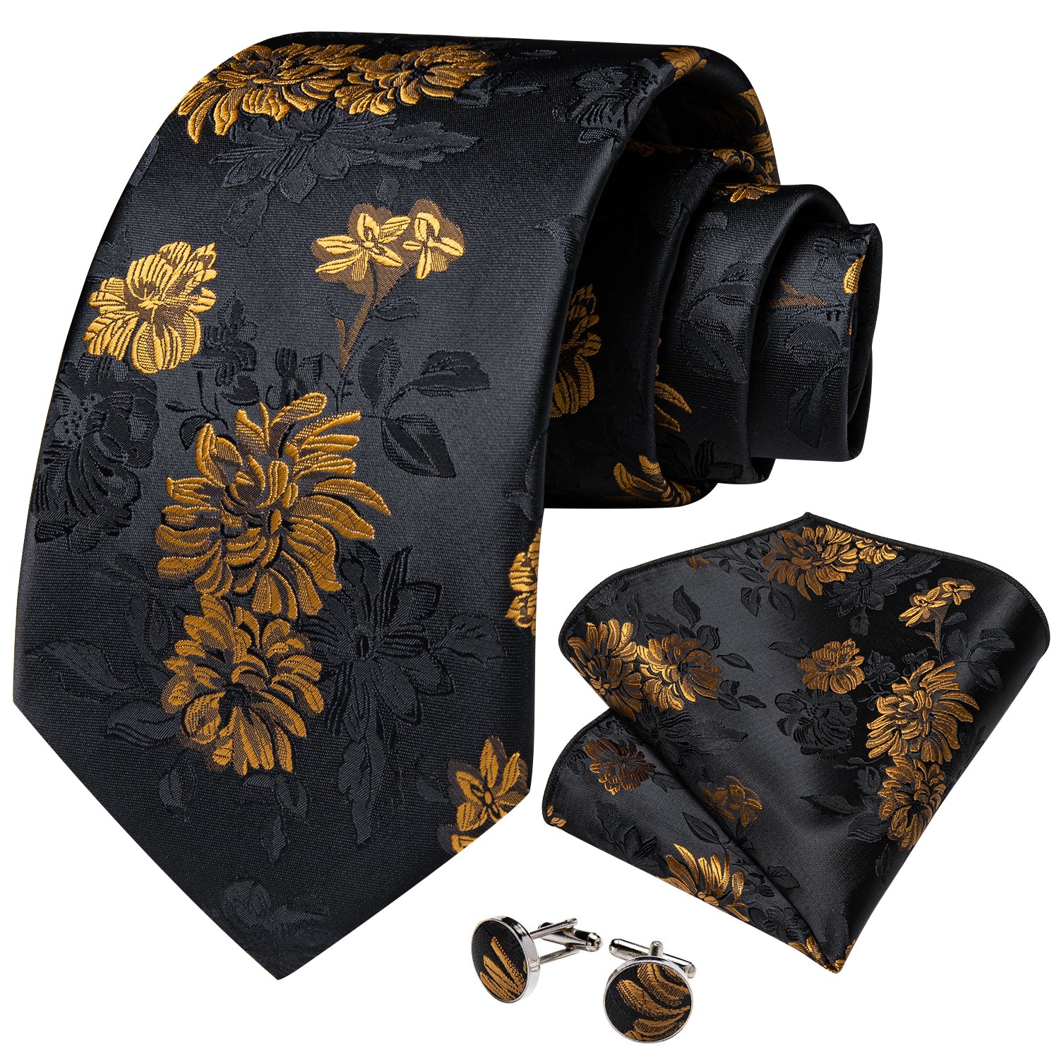 business dress silk mens gold floral black tie handkerchief cufflinks set