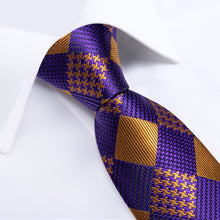 Purple Yellow Geometry Silk Men's Tie Pocket Square Cufflinks Set