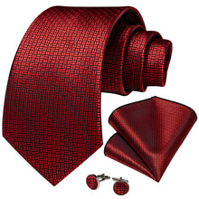 New Red Solid Men's Silk Tie Handkerchief Cufflinks Set