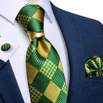 4PCS Yellow Green geometry Silk Tie Pocket Square Cufflinks with Tie Ring Set