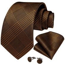 Brown Geometry Men's Silk Tie Pocket Square Cufflinks Set