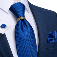 4PCS Blue Solid Men's Silk Tie Handkerchief Cufflinks With Tie Ring Set